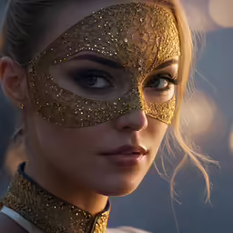 a woman in golden face and nose wear