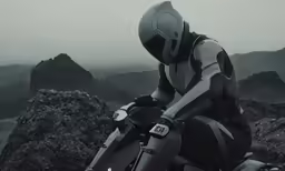 a man riding on the back of a motorcycle on a mountain side