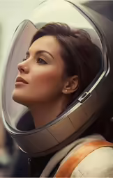the face of an individual wearing an old fashioned spaceship helmet