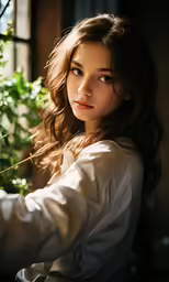 a woman in white shirt leaning against a bush