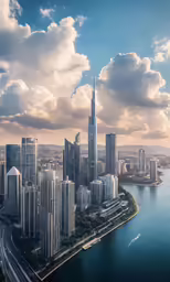 an aerial view of the city with skyscrapers near a body of water