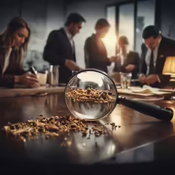 group of people around a conference table with a magnifying glass