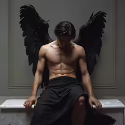 a man that is sitting down and wearing angel wings