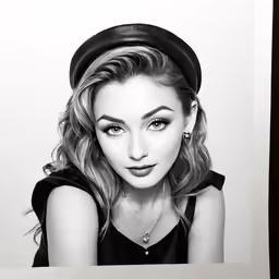 a young woman with a black hat on her head