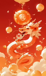 dragon floating above an orange background holding on to a ball