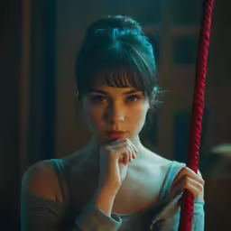 a beautiful young woman holding onto a red pole