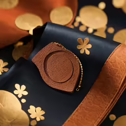 a leather box with flower decoration in gold on a pattern