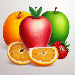 an apple, orange and strawberry with one cut in half