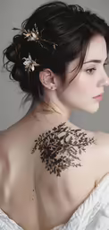 a woman with an intricate black tattoo on her back