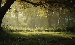 a field with some trees and grass near it