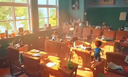 a room filled with wooden chairs and tables