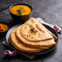 flat breads sit on a plate and some bowls next to it