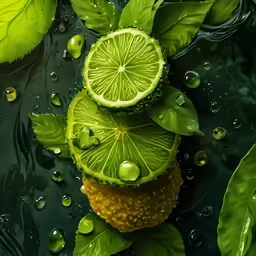 lime slices are stacked on top of each other with green leaves
