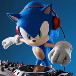 the blue and white sonic djs has his hands on the mixer