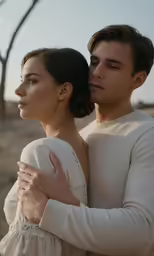 the lovely couple is holding each other while standing near a tree