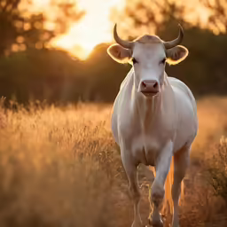 a white cow walking through some tall grass