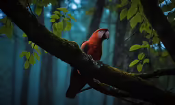 a parrot perches on a tree in the forest