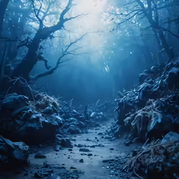 a path that goes through the woods in the fog