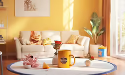 the living room is decorated with yellow walls and white furniture