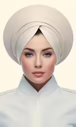 a woman wearing a turban with white hair and blue eyes