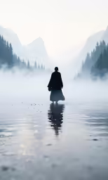the person is standing in the misty water