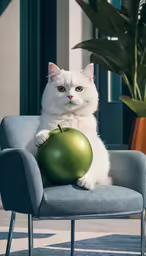 a cat sitting on a blue chair holding an green ball
