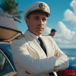 a man in a white suit standing next to a car