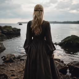 a woman is standing on the shore
