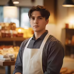 a man standing in front of a counter wearing an apron