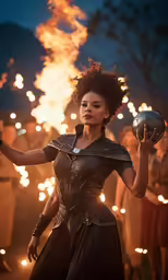 a woman dressed as snow white holds up her glowing orbs