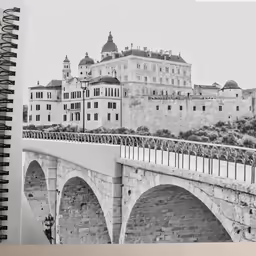 a drawing with a black and white photo of a bridge