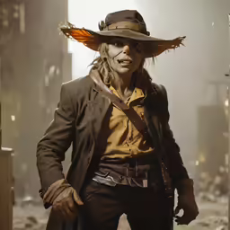 a man in a hat holding a knife on a city street