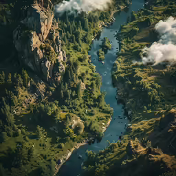 an aerial view of a river with a mountain in the background