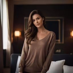 a woman wearing a tan sweater poses on the bed