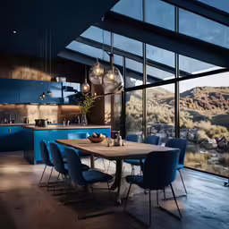 an modern kitchen with a wooden table and chairs