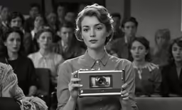 a woman holding up a camera in front of people