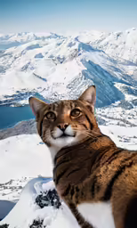 a cat looking into the camera on top of a mountain