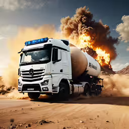 an image of a truck with big orange fire,a truck in the middle of a desert near some fire