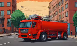 an orange tanker truck driving down the street,the truck is driving down the street with no one on it