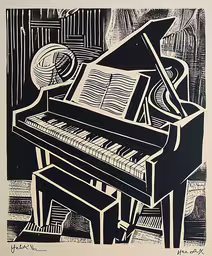 a black and white print with an image of a piano,the piano and musical instrument are both on display