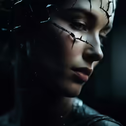 the girl with barbed wires on her face is shown