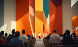 a church filled with people watching something or someone talk