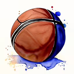 a watercolor drawing of a basketball sitting on top of blue ink,a watercolor painting of a basketball sitting on the floor