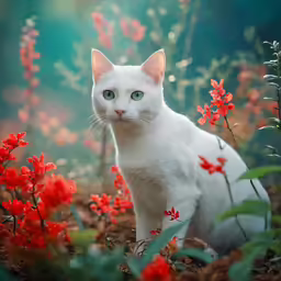 a white cat sits among red flowers in the forest