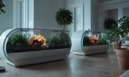 two indoor displays sitting on the counter with plants in them