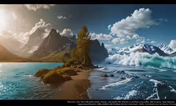 this landscape is designed to show mountains, lake, and clouds