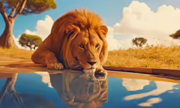 lion laying on the edge of a pool drinking water