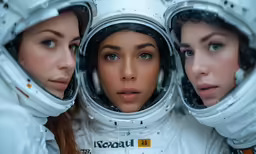 three female astronauts are posing in space suits