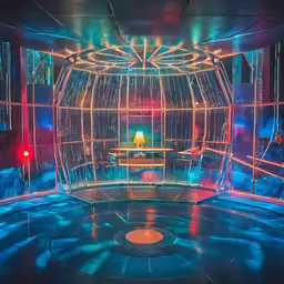the interior of an alien themed building with a large window and large bright lighting