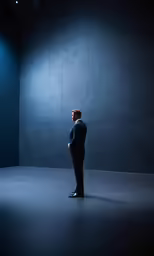 a man standing in the middle of a room while looking up